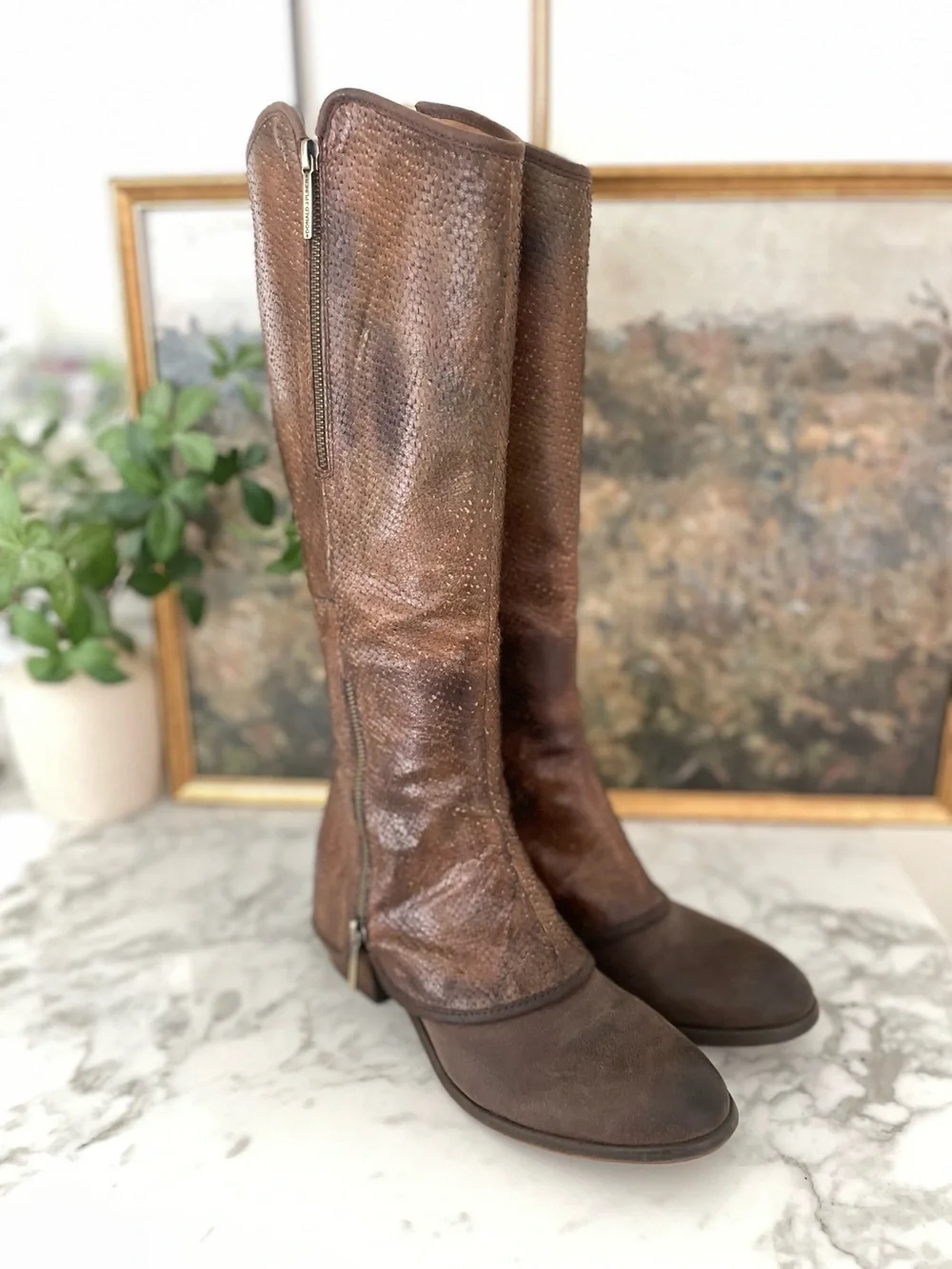 Donald Pliner Devi Brown Leather Snake Skin Distressed Knee High Boots Size 8